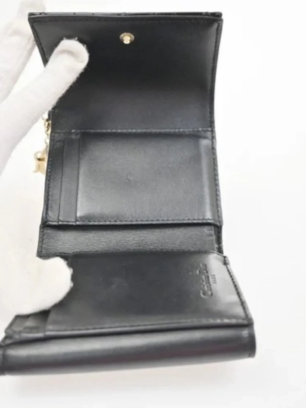 CHRISTIAN DIOR Logo Cannage Trifold Compact Wallet Patent Leather Black 34KC613